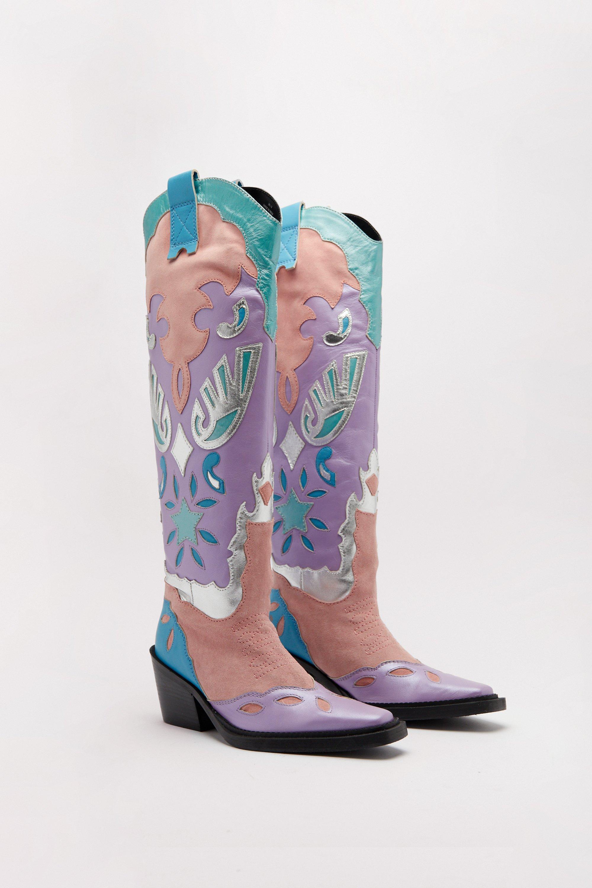 Leather And Suede Color Block Cowboy Boots Boohoo UK